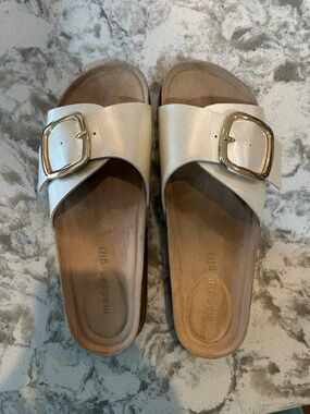 Madden Girl Metallic Pearl Slide Sandals with Gold Buckles